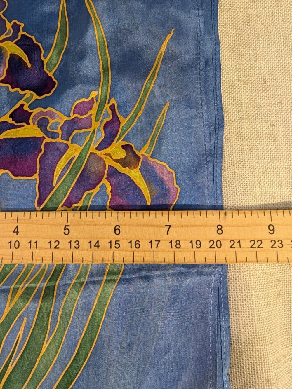 Hand Painted Iris & Butterfly with Gold-outline Silk Scarf 11" x 56" - Picture 6 of 6
